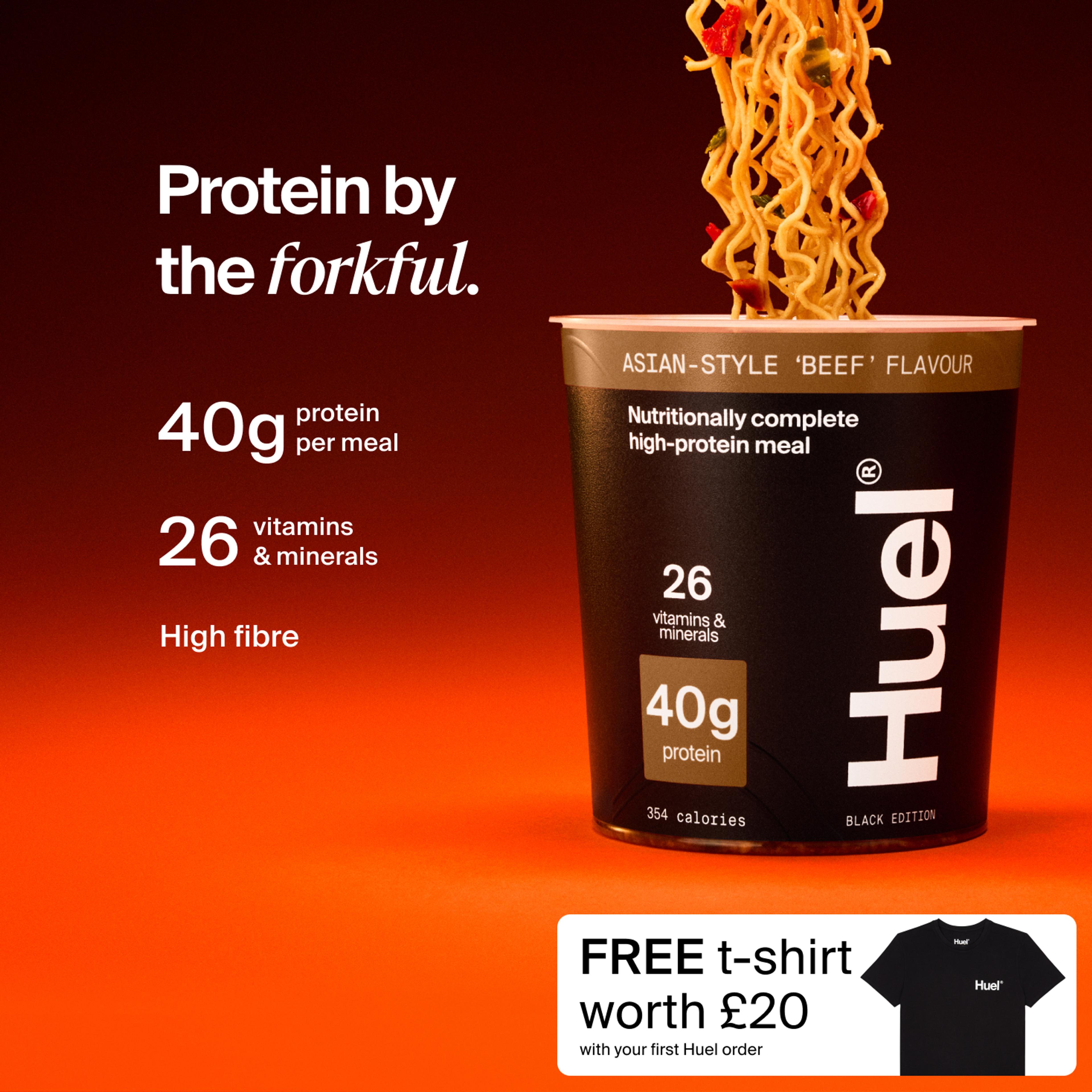 A pot of Huel Black Edition Ramen with Complete Nutrition callouts on a red and black gradient background