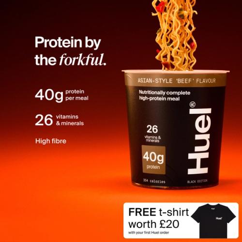 A pot of Huel Black Edition Ramen with Complete Nutrition callouts on a red and black gradient background