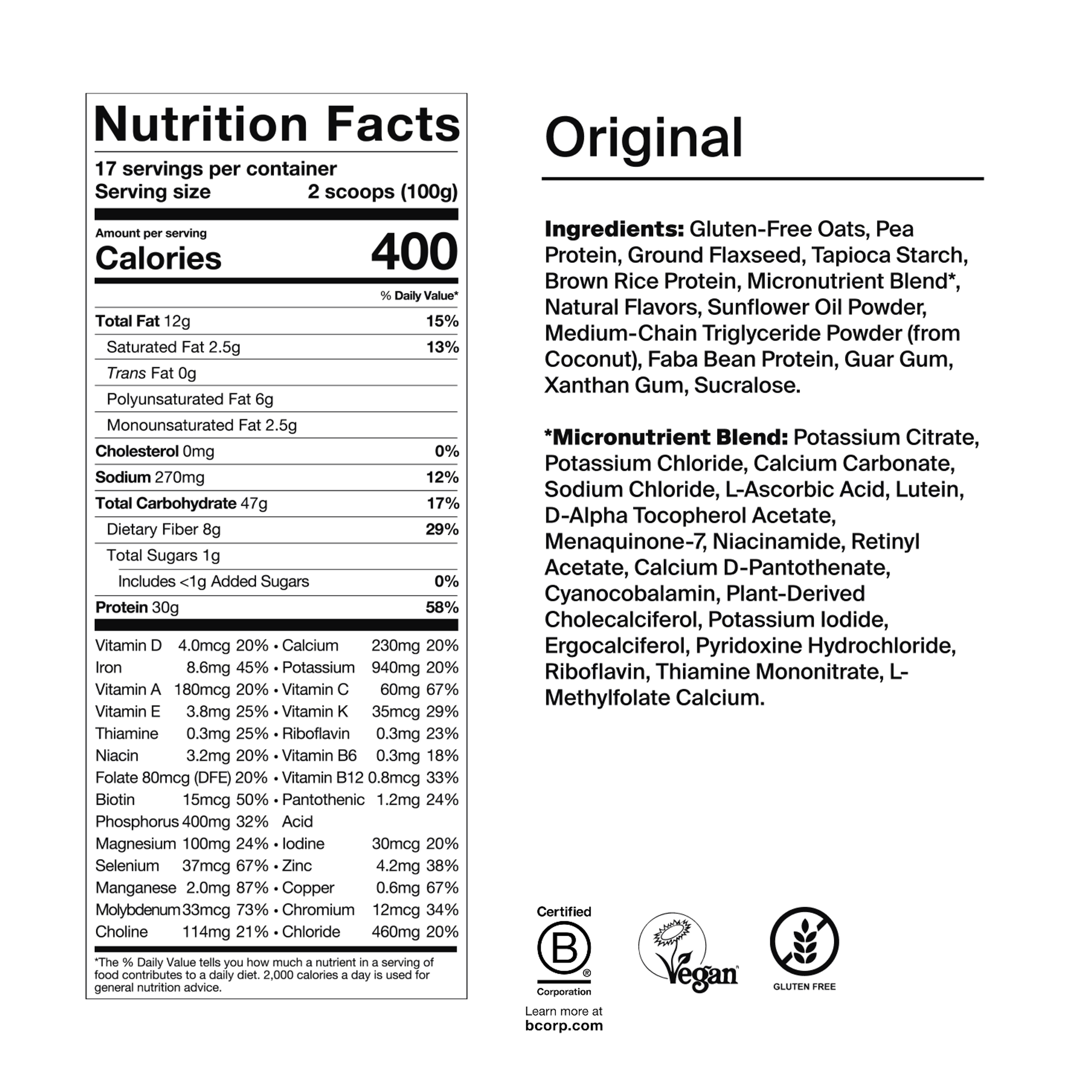 Back of pack nutritional information for Huel Powder