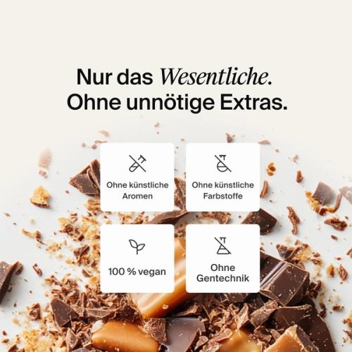 An extreme close-up of swirling caramel with key Huel health benefits overlayed