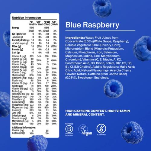 The back of a Cherry & Raspberry can showing the nutritional information; Has a 3 delicious flavours call-out: Pineapple & Mango, Cherry & Raspberry, Watermelon