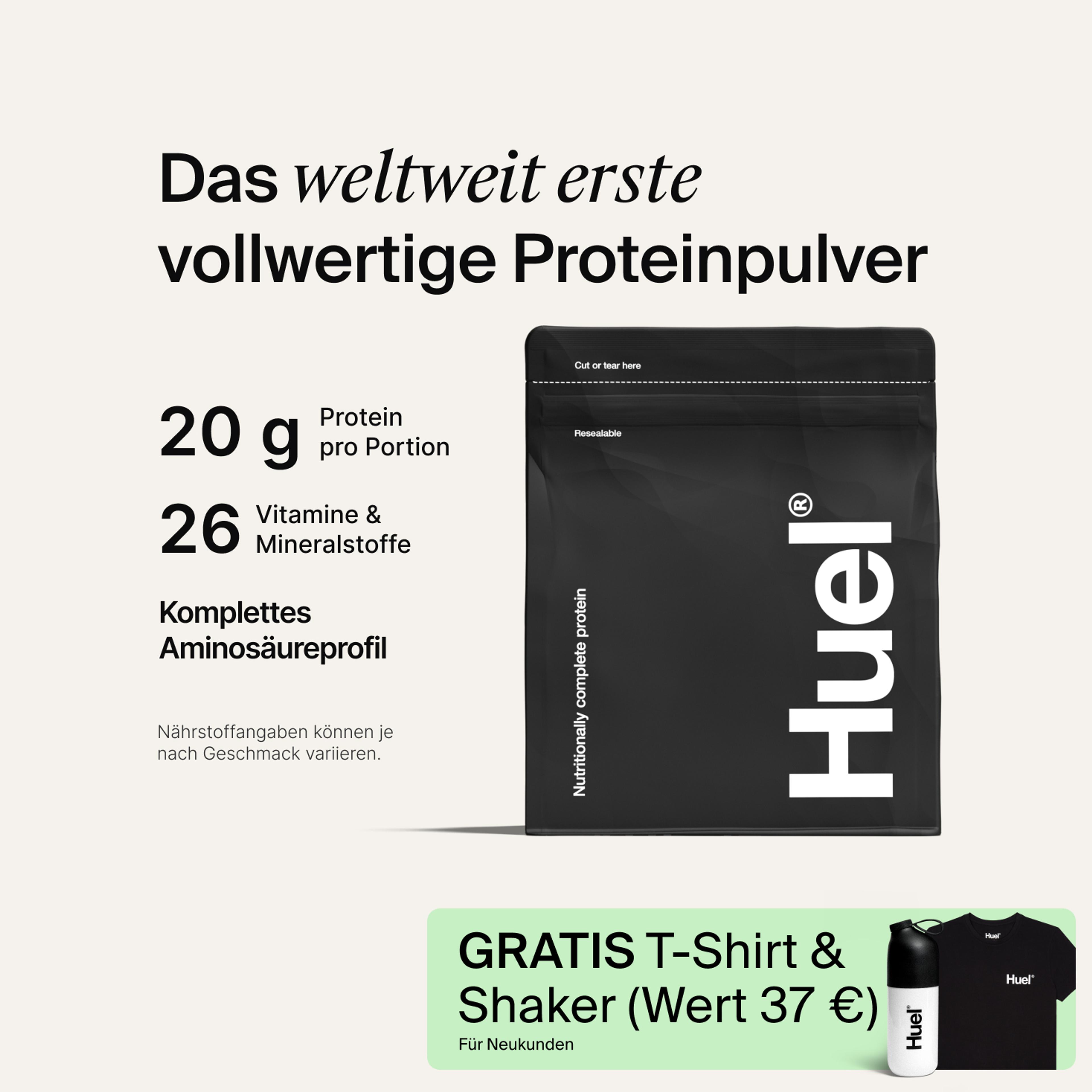 Black bag of Huel Complete Protein powder on a neutral colour background, accompanied by key benefits of Huel