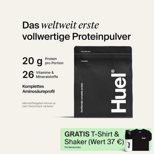 Black bag of Huel Complete Protein powder on a neutral colour background, accompanied by key benefits of Huel