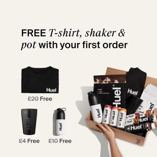 All the Huel Bestselling products next to a Black Huel T-shirt
