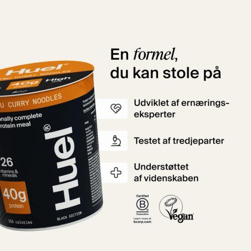 A pot of Huel Lite Ramen next to various callouts and logos