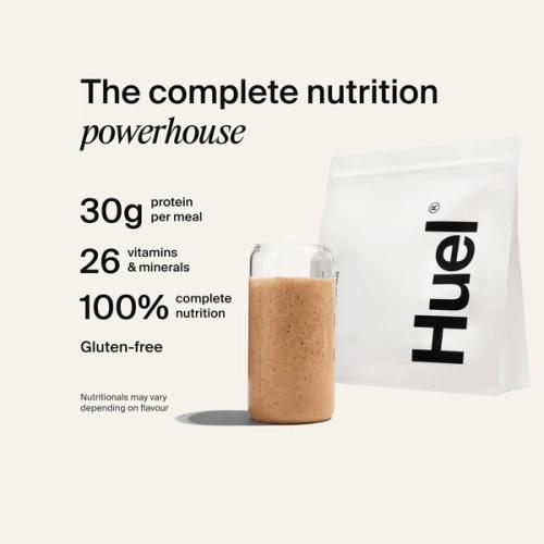 Alt: Huel Powder GF bag with a prepared shake, alongside text highlighting 30g protein per meal, 26 vitamins and minerals, 100% complete nutrition, and that it is gluten-free.