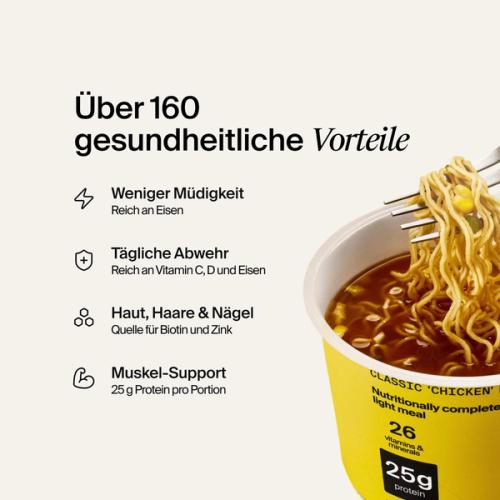 Ein offener Pot Huel Lite Ramen auf einem neutralen Hintergrund mit aufgelisteten Vorteilen