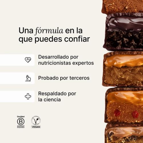 A stack of Huel caramel and peanut bars next to scientific claims about Huel products
