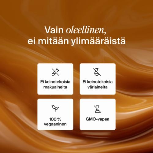 An extreme close-up of swirling caramel with key Huel health benefits overlayed