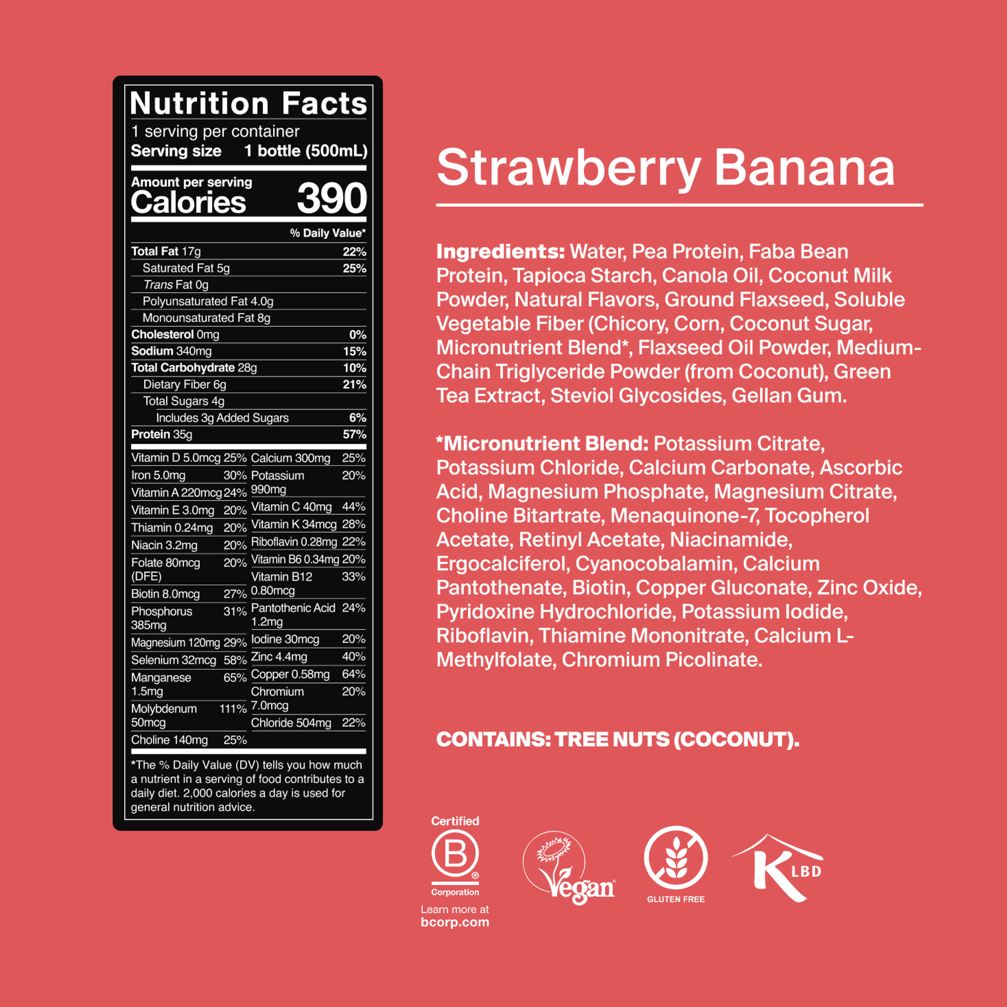 Bottle of Black Edition RTD with back-of-pack nutrition included, and natural ingredient images