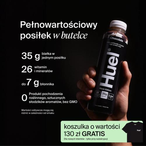 a hand holding a Bottle of Huel RTD with key benefits written next to it