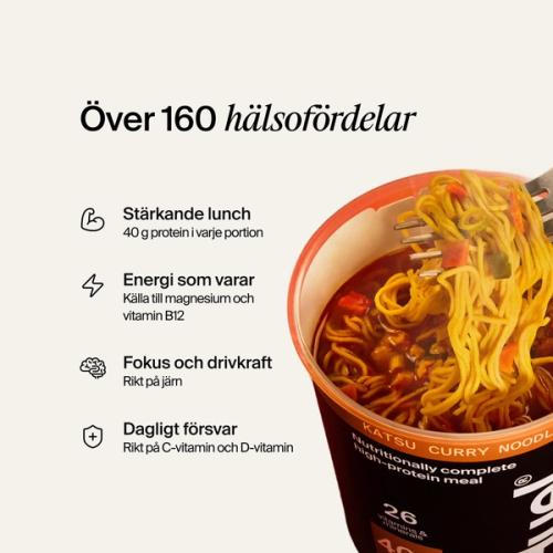 An open pot of Huel Black Edition Ramen on a neutral colour background with benefits listed