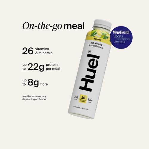 Alt: Huel Ready-to-drink bottle, alongside text highlighting 26 vitamins and minerals, up to 22g protein per meal, and up to 8g fibre.