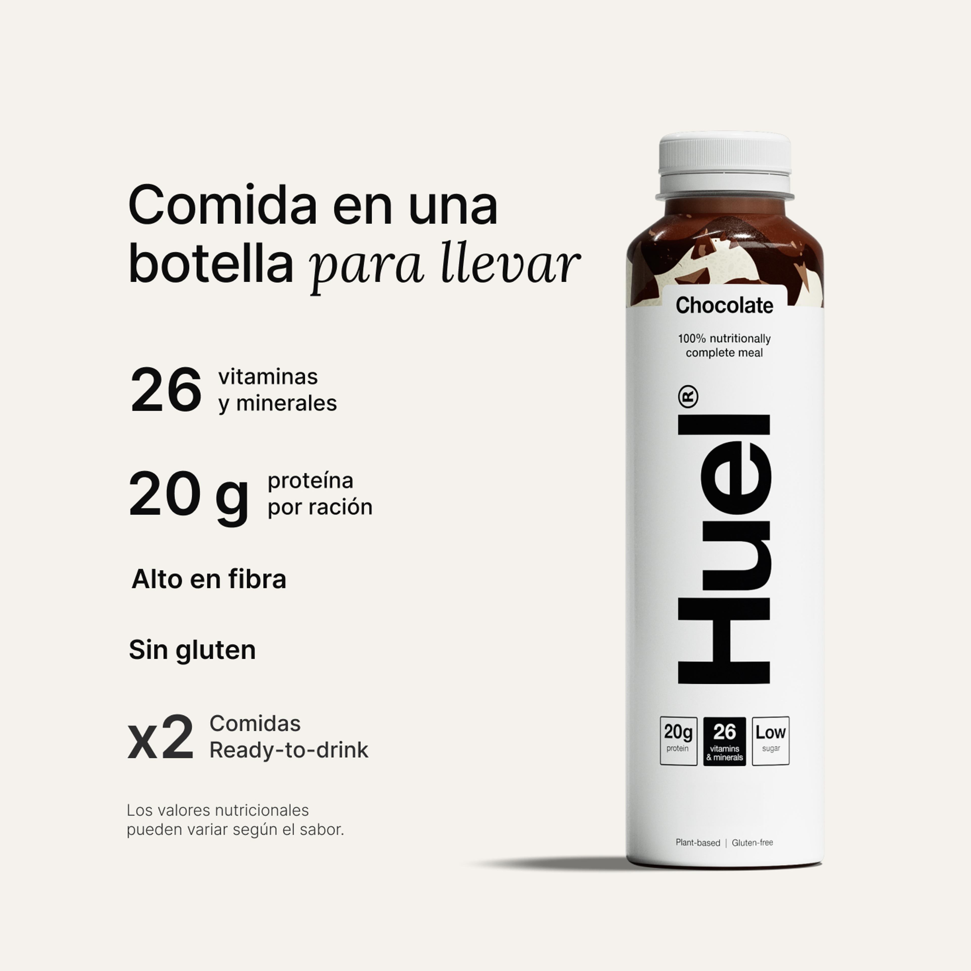 Una botella de Chocolate Huel Bebida preparada rica en proteínas