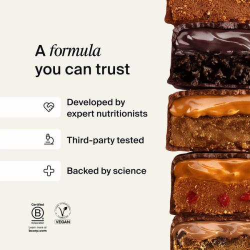 A stack of Huel caramel and peanut bars next to scientific claims about Huel products