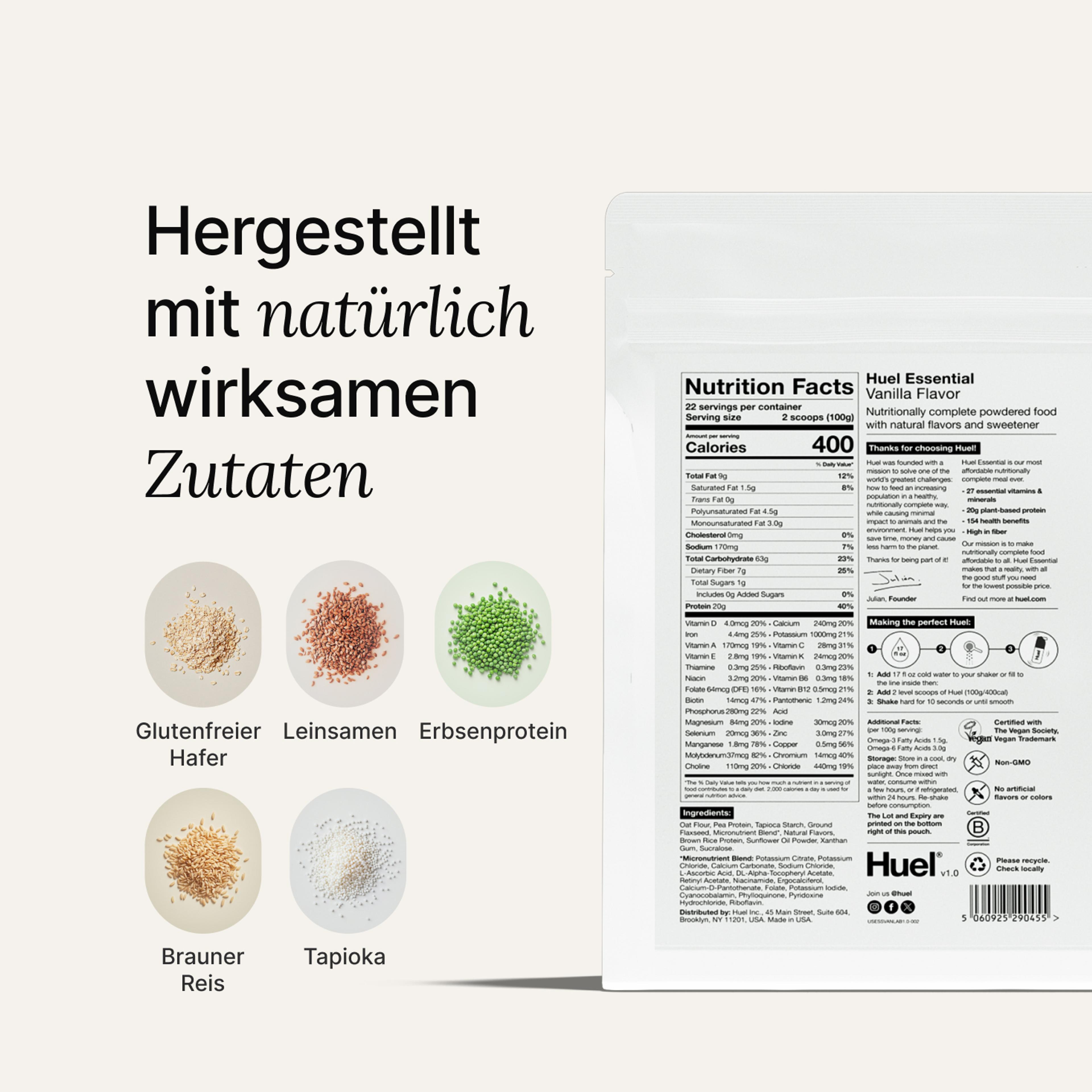 The reverse of a white pouch of Huel Powder showing off nutritional information, next to some raw ingredients