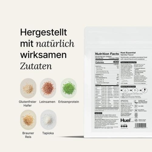 The reverse of a white pouch of Huel Powder showing off nutritional information, next to some raw ingredients