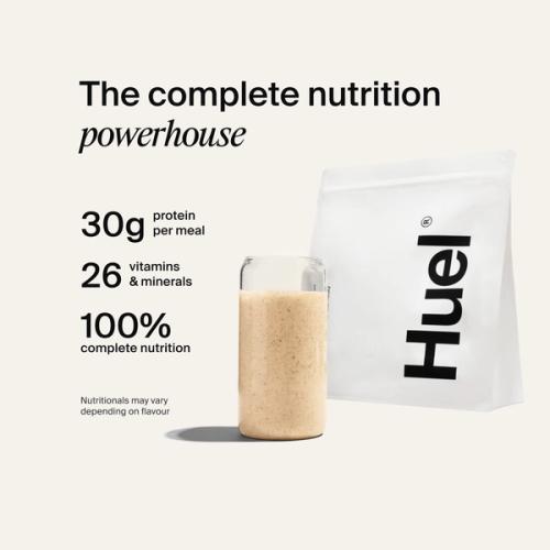 Huel Powder bag with a prepared shake, alongside text highlighting 30g protein, 26 vitamins and minerals, and 100% complete nutrition.