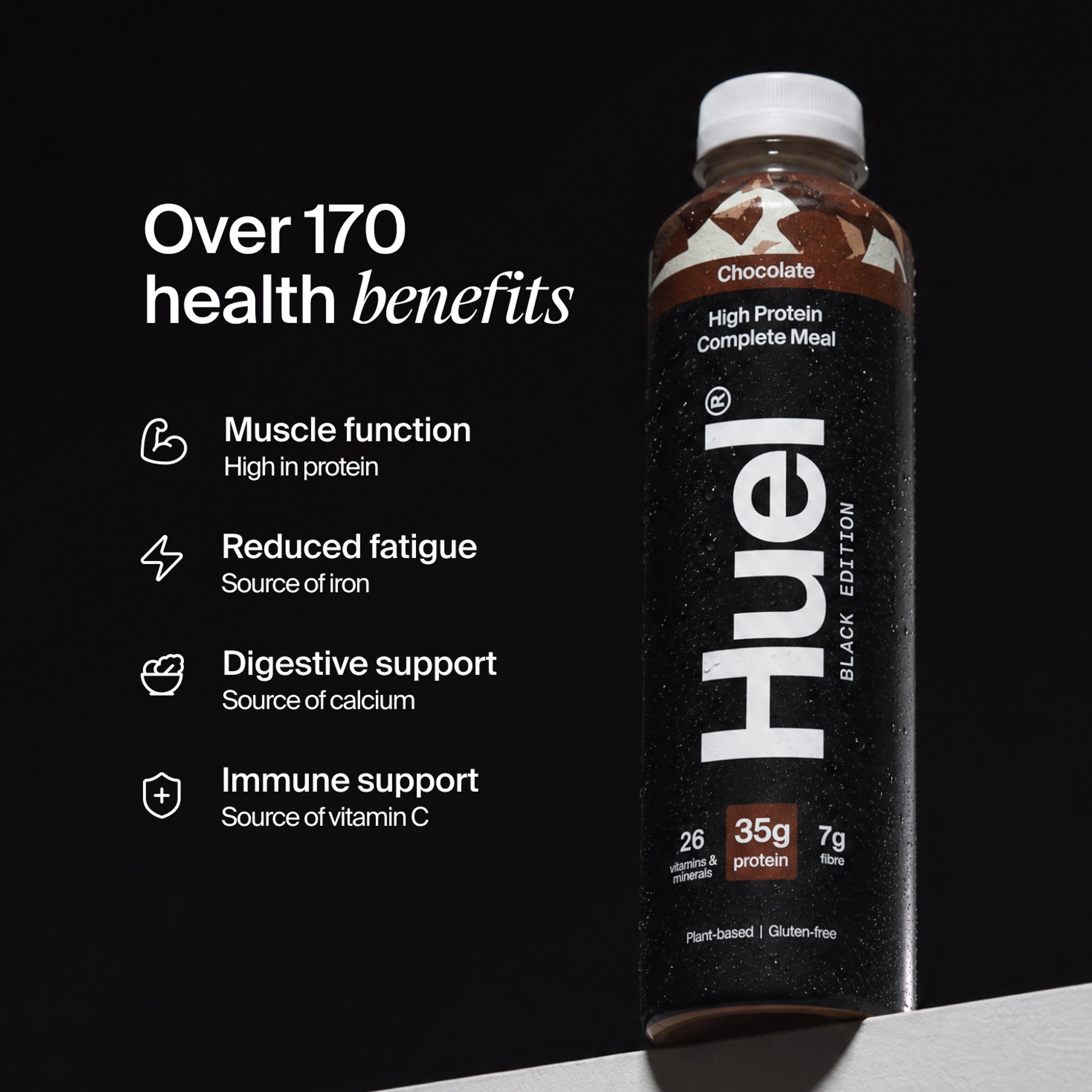 Bottle of Huel Ready-to-drink with health benefits written beside it