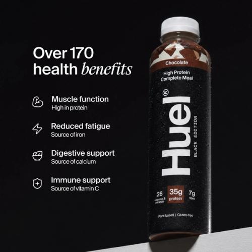 Bottle of Huel Ready-to-drink with health benefits written beside it