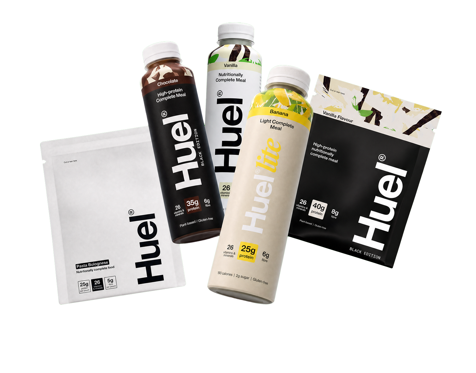A selection of Huel products floating