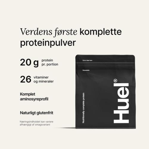 Black bag of Huel Complete Protein powder on a neutral colour background, accompanied by key benefits of Huel