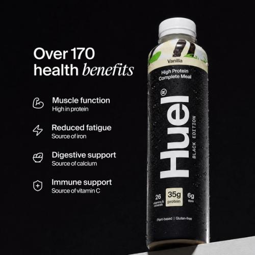 Bottle of Huel Ready-to-drink with health benefits written beside it