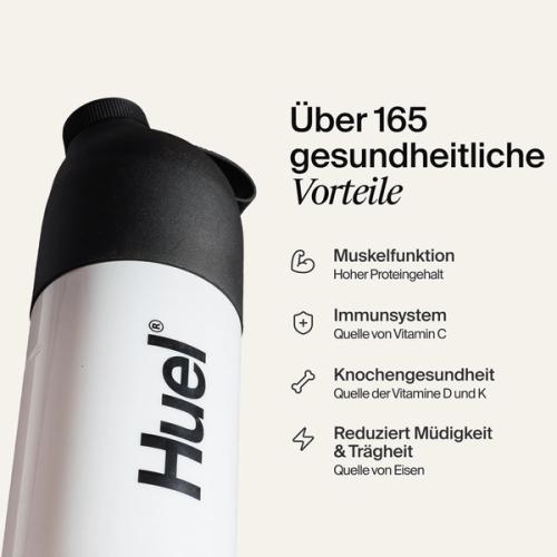 A black and white Huel shaker on a neutral colour background with health benefits in text beside it