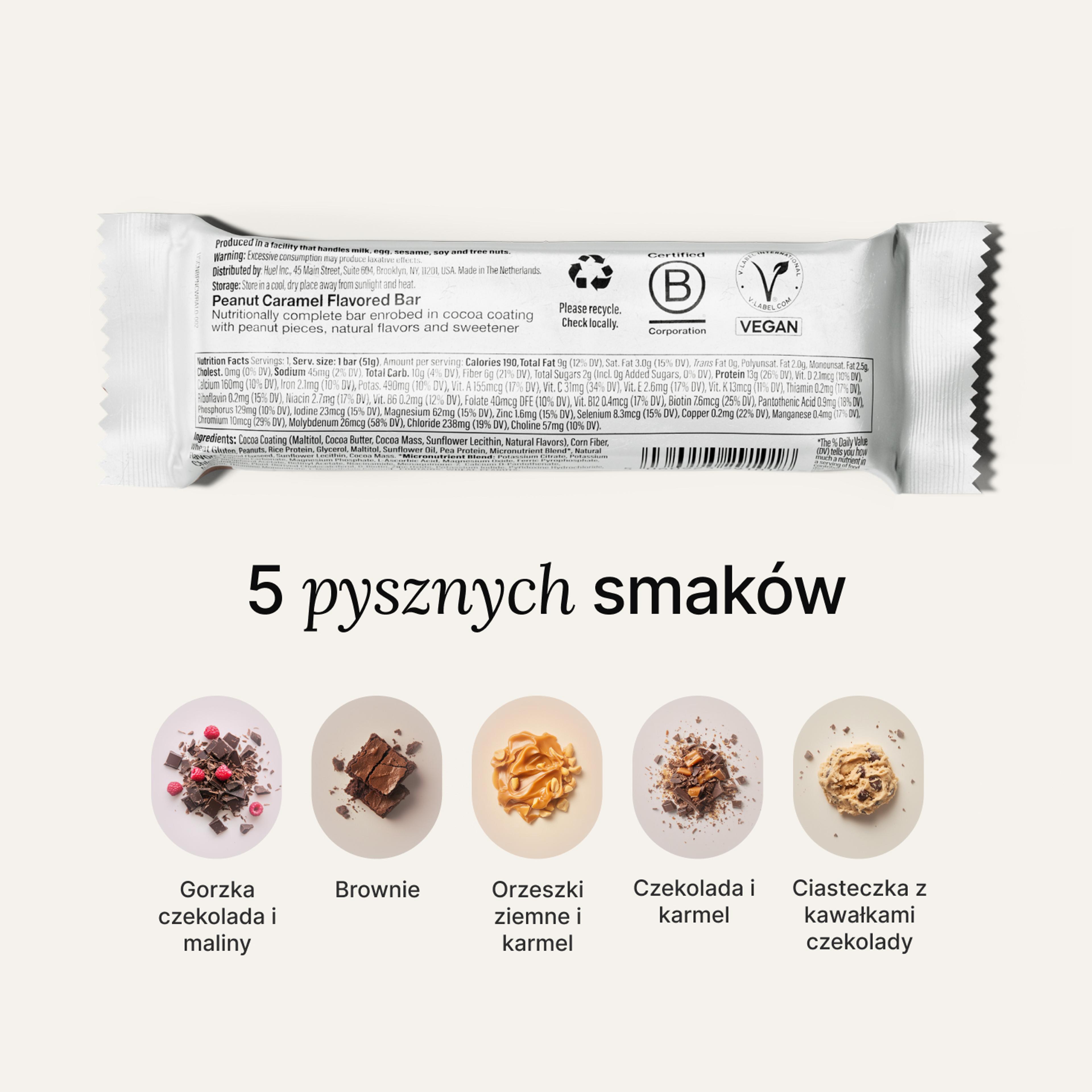 The back-of-pack label of a Huel Complete Nutrition Bar accompanied by images of ingredients