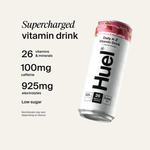 Alt, caffeinated flavours: Huel Daily A-Z Vitamin Drink can, alongside text highlighting 26 vitamins and minerals, 100mg caffeine, 925mg electrolytes, and low sugar.