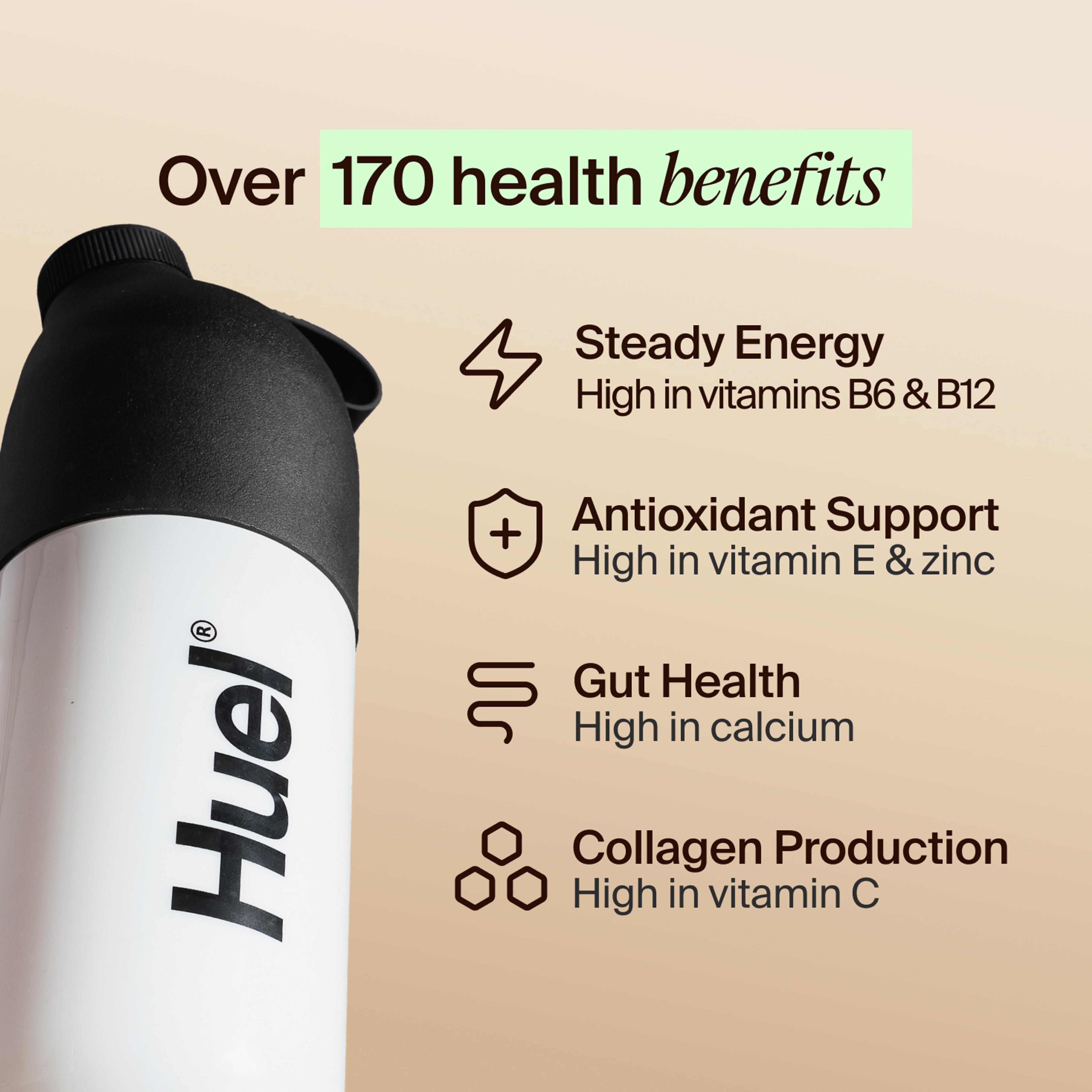 A black and white Huel shaker on a beige background, with the benefits of Huel listed beside it