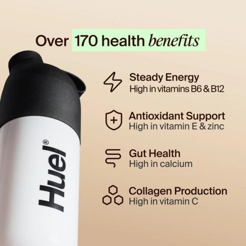 A black and white Huel shaker on a beige background, with the benefits of Huel listed beside it