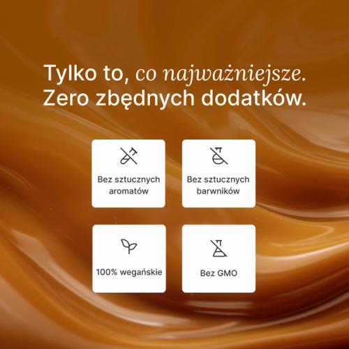 An extreme close-up of swirling caramel with key Huel health benefits overlayed