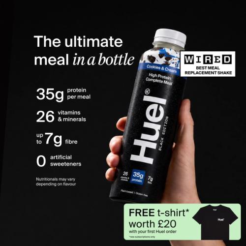 a hand holding a Bottle of Huel RTD with key benefits written next to it