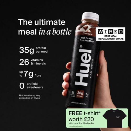 a hand holding a Bottle of Huel RTD with key benefits written next to it