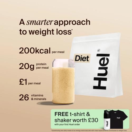 A bag of Huel Diet powder next to a glass containing a Huel drink on a beige background
