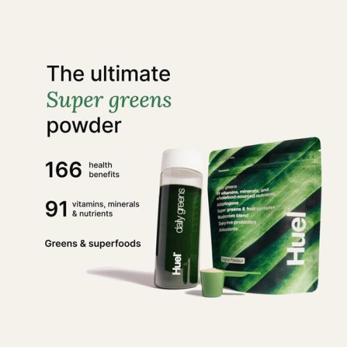 A picture of a Daily Greens bottle with nutrition callouts