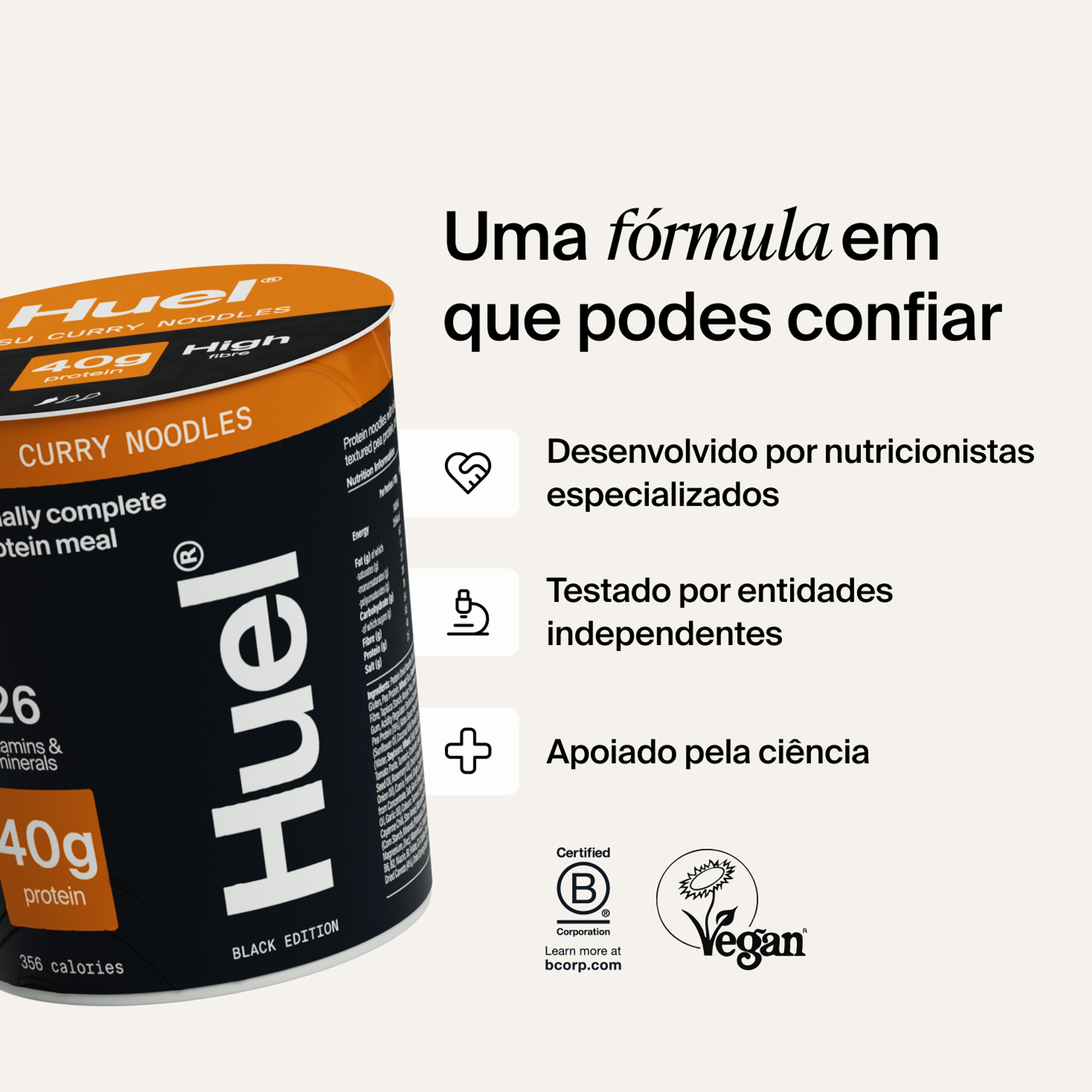 A pot of Huel Lite Ramen next to various callouts and logos