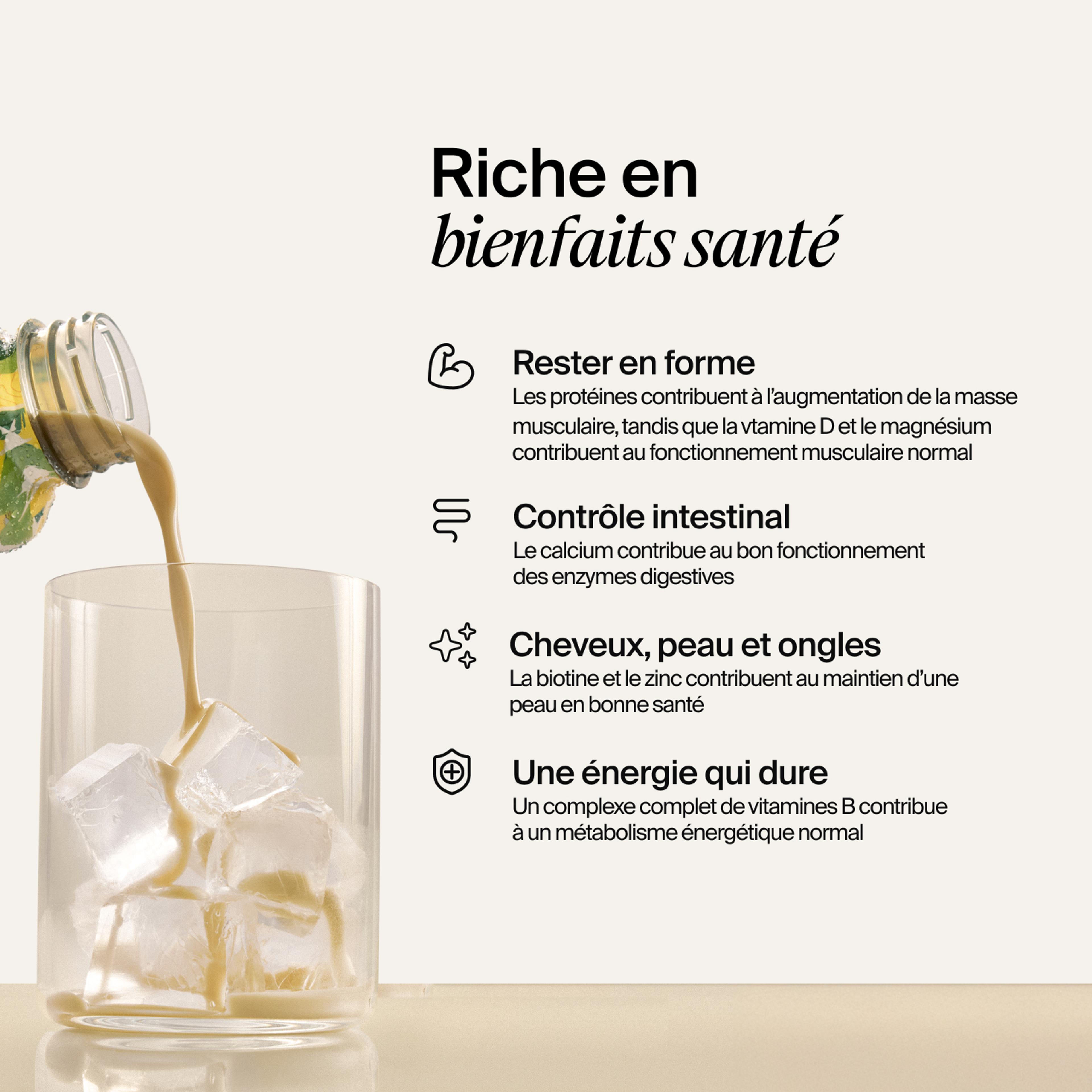 Bienfaits santé comme la force, la santé intestinale, des cheveux, de la peau et des ongles en bonne santé, ainsi qu’une énergie durable