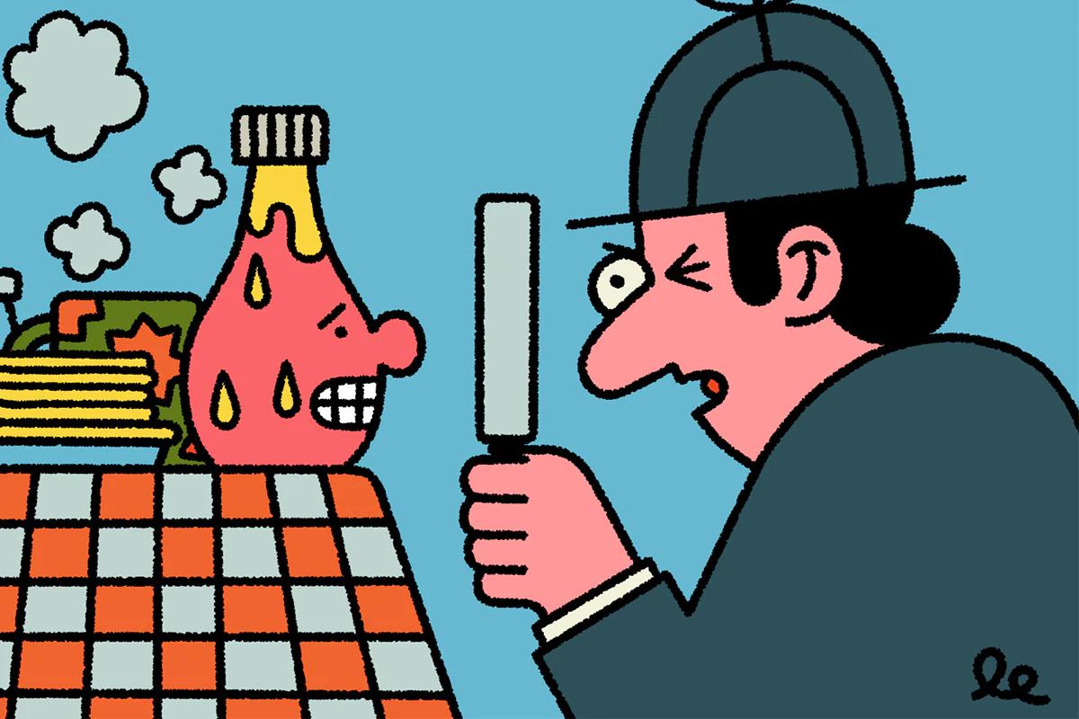 cartoon image of a detective looking at a bottle of syrup through his magnifying glass whilst the syrup looks back forcing a smile and sweating