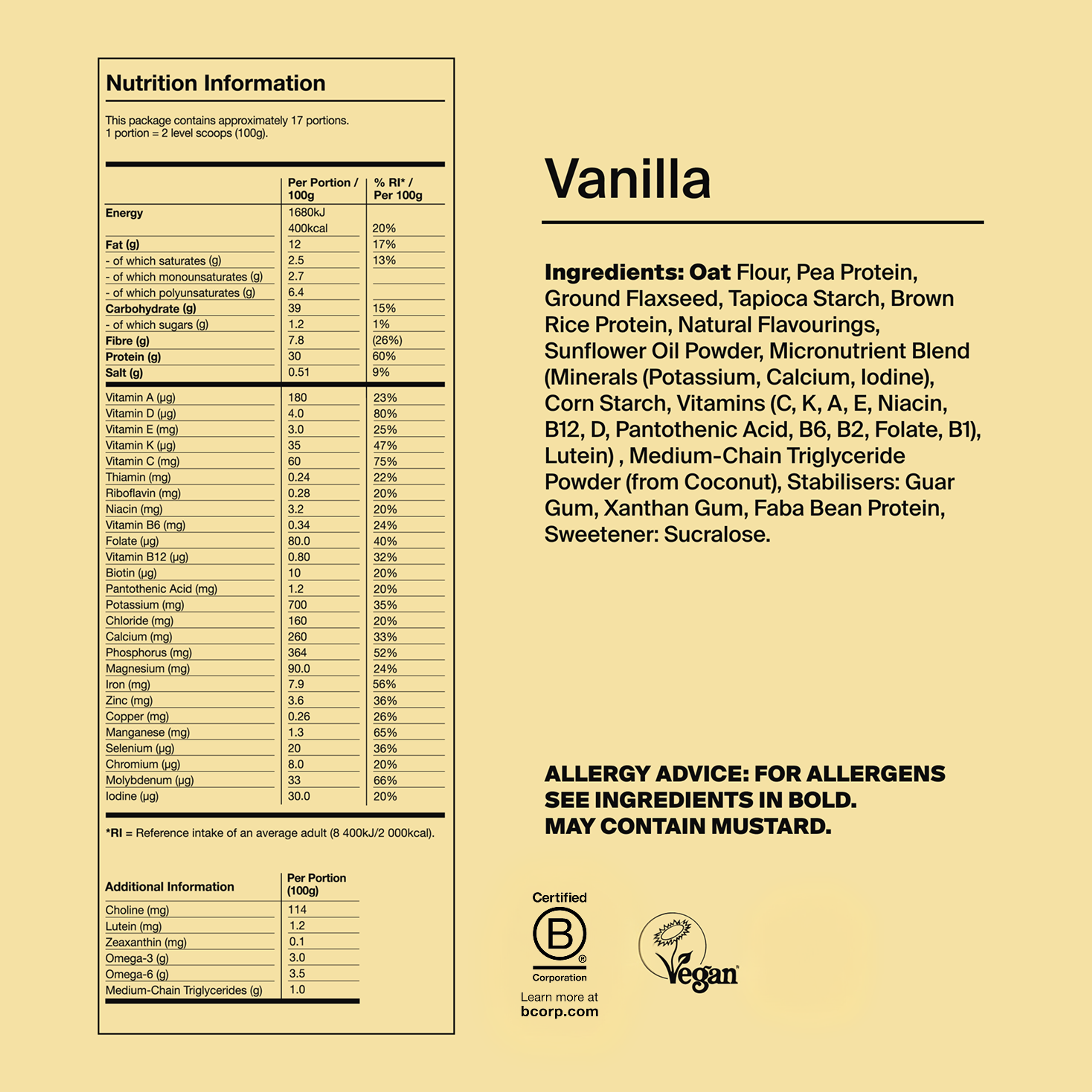 Back of pack nutritional information for Huel Powder