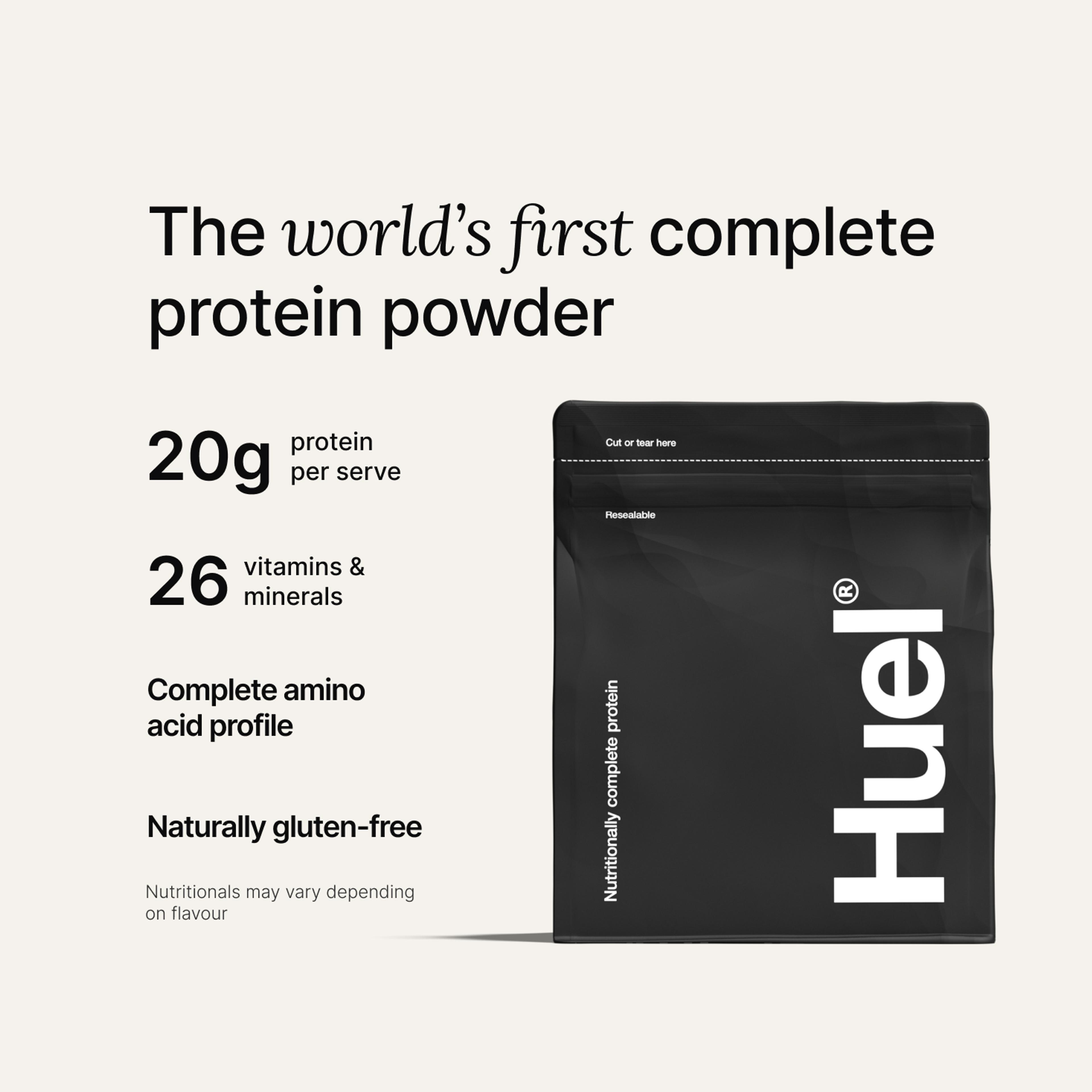 Black bag of Huel Complete Protein powder on a neutral colour background, accompanied by key benefits of Huel