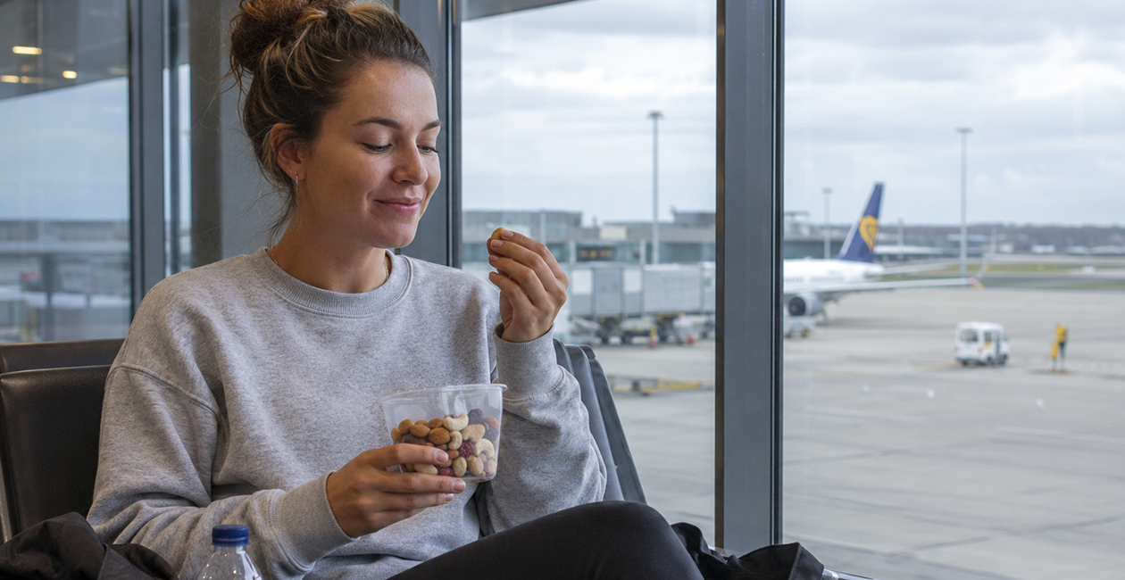 A lady in a grey jumper sat in an airport eating a tub of nuts