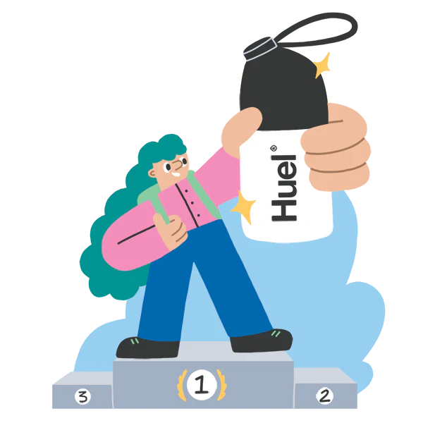 Cartoon image of a woman standing on position 1 of a podium proudly holding a Huel shaker