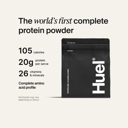 Alt: Huel Complete Protein bag, alongside text highlighting 105 calories, 20g protein per serving, 26 vitamins and minerals, and a complete amino acid profile.