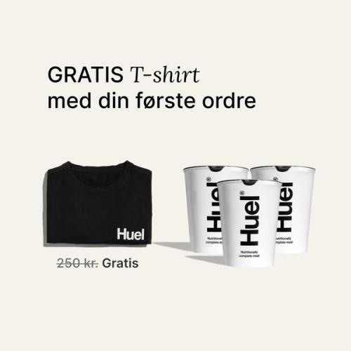 Gratis t-shirt og levering med din første ordretekst med billeder af den gratis T-shirt sammen med 3 Huel Pots