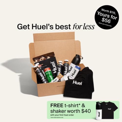 A selection of Huel products featured in the Discovery Bundle- Black Edition 10-serve, Black Edition Ready-to-drink, Daily Greens Ready-to-drink, and Hot & Savory Meal Packs