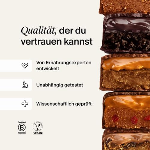 A stack of Huel caramel and peanut bars next to scientific claims about Huel products