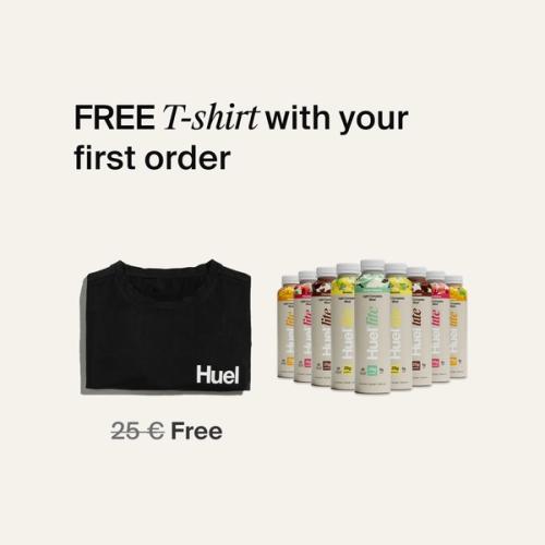 T-shirt and ready-to-drink bottles stating the free t-shirt for new customer subscriptions