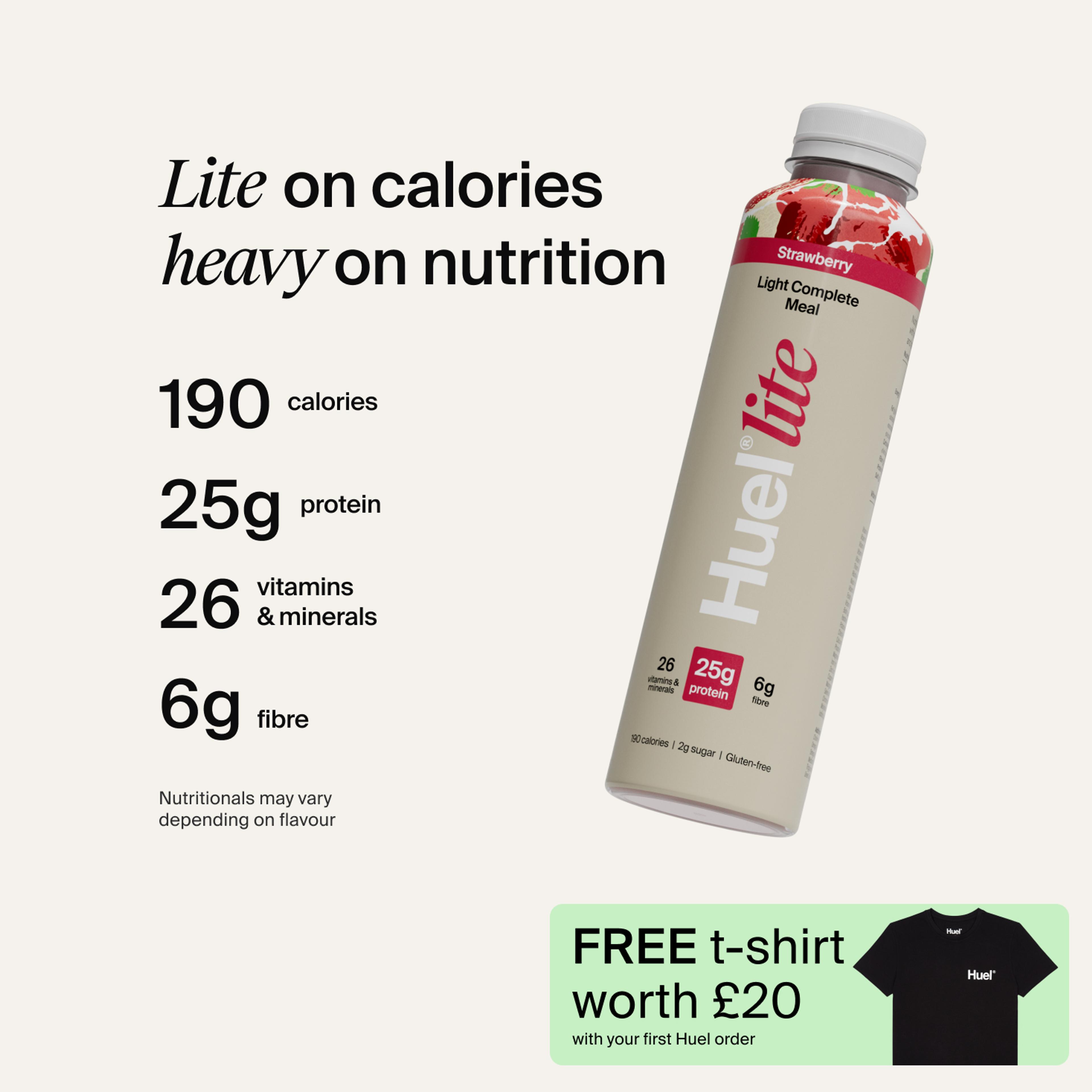 A picture of a Huel's lite ready-to-drink bottle in Strawberry with nutrition callouts